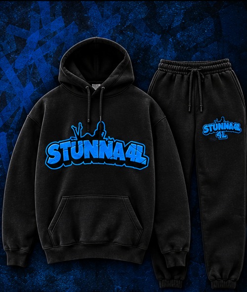 Black sweatsuit concept with electric blue STUNNA 4L graffiti logo
