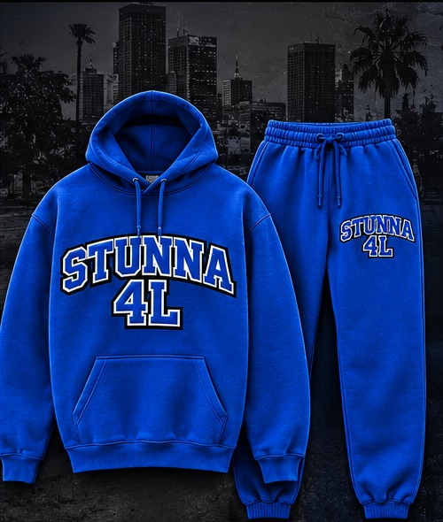 Royal blue varsity sweatsuit concept with white and blue STUNNA 4L lettering